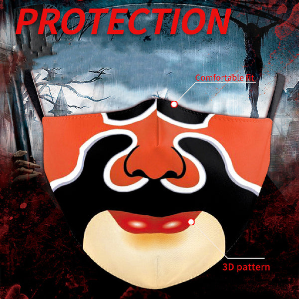 White ear hook dust mask with a black and white clown face design, featuring a wide stitched smile.