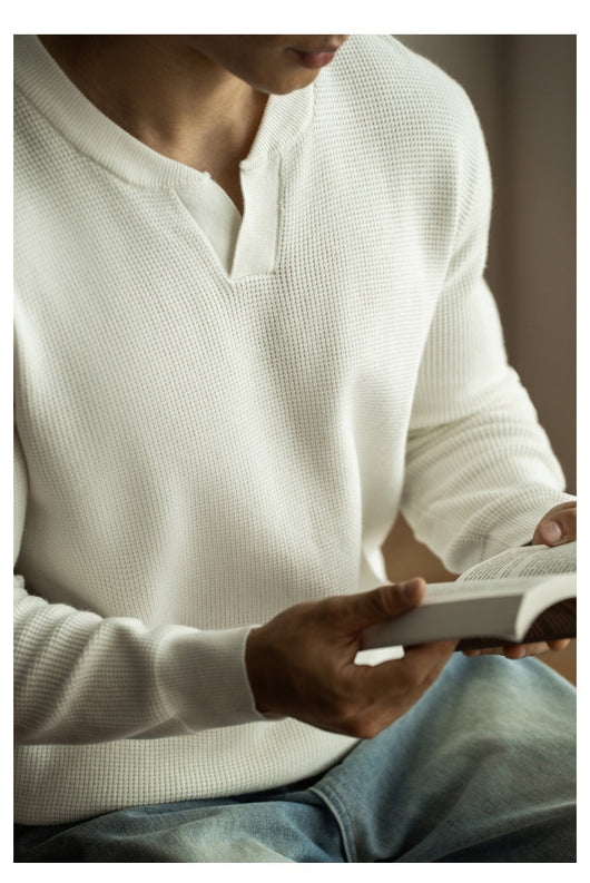 Suéter Henley Casual de Cuello V y Manga Larga para Hombre - Image 14
