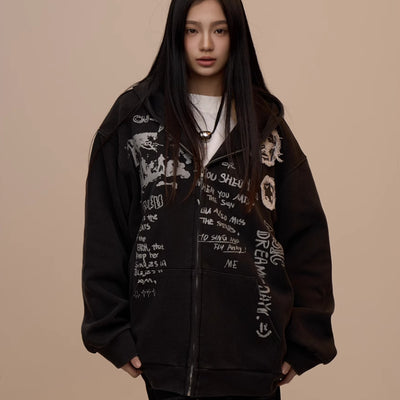 Sudadera Mujer con Capucha y Cierre - Estampado de Letras Negro
