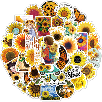 A collection of sunflower stickers, including a large central sticker with a Van Gogh-inspired sunflower painting on a blue background. - Image 4