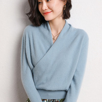 Suéter de Cashmere Cuello V Cruzado Holgado para Mujer - Image 14