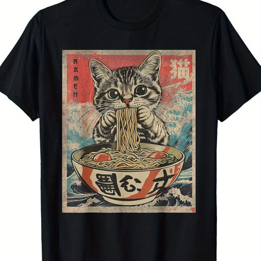 Playera Kawaii Gato Ramen Anime para Hombre