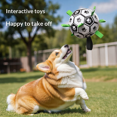Black and white soccer ball dog toy with green fabric tabs and paw prints, 19cm, includes pump. - Image 6