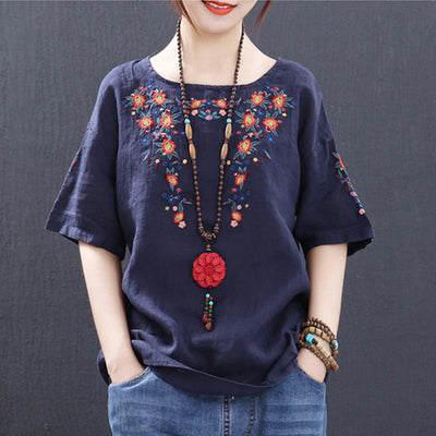 Blusa Étnica de Algodón con Bordado Cuello Redondo Manga Corta para Mujer - Image 3