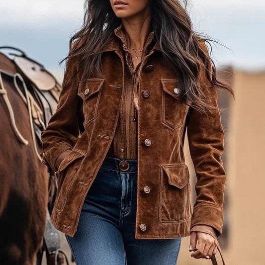 Chaqueta Camisa Retro de Gamuza Marrón con Bolsillos Múltiples y Solapa