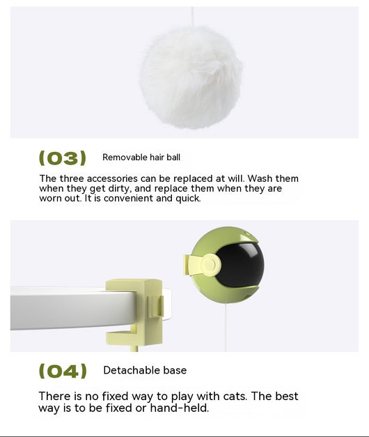 Automatic lifting cat toy with a yellow ball and white clamp, featuring interchangeable feather and pom-pom attachments. - Image 15