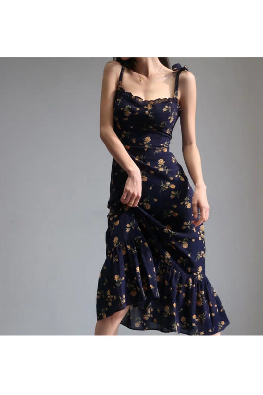 Vestido Slim Floral Pastoral Retro con Tirantes Franceses