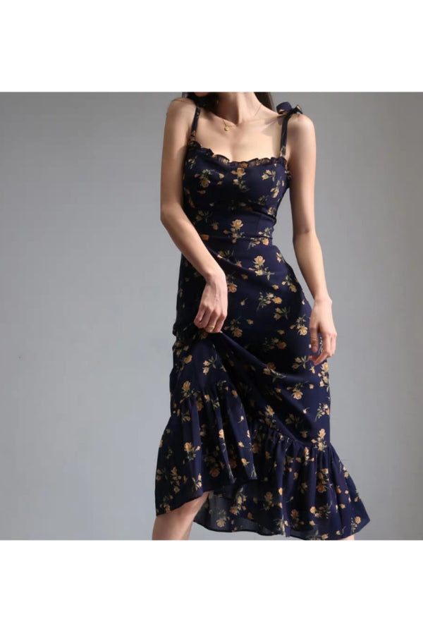 Vestido Slim Floral Pastoral Retro con Tirantes Franceses