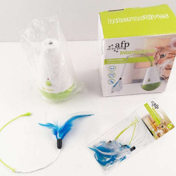 White and lime green electric cat toy tumbler with a blue feather attachment, shown with its product box.