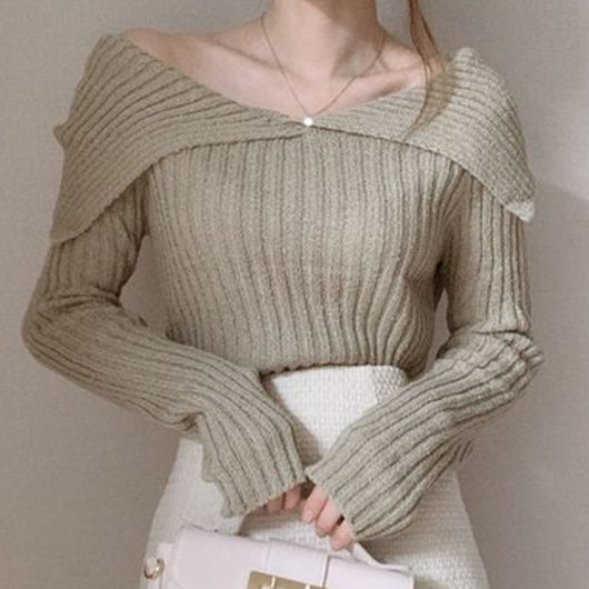 Blusa de Punto Elegante Escote V Hombros Descubiertos Ajustada - Image 10