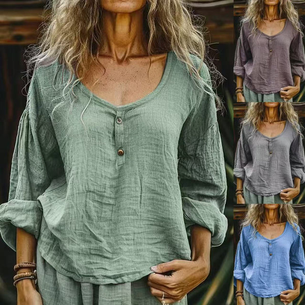 Blusa Lino Suelta Casual Manga Larga Color Sólido para Mujer