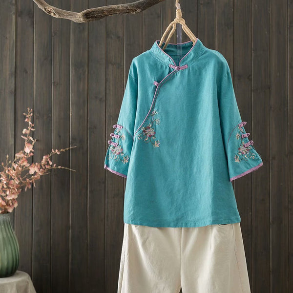 Blusa Tradicional China con Bordado y Cierre Retro en Algodón y Lino
