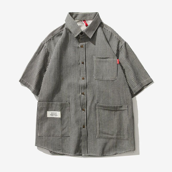 Camisa Suelta a Rayas con Múltiples Bolsillos para Hombre