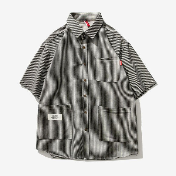 Camisa Suelta a Rayas con Múltiples Bolsillos para Hombre