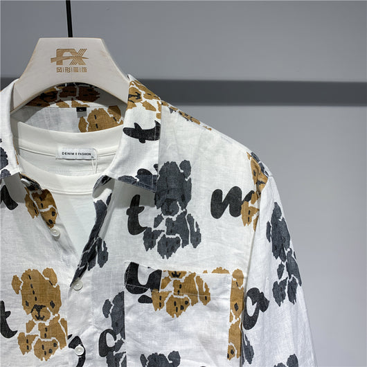 Camisa Lino Hombre Manga Corta Estampado Oso Retro Japonés Diseño Oversized - Image 3