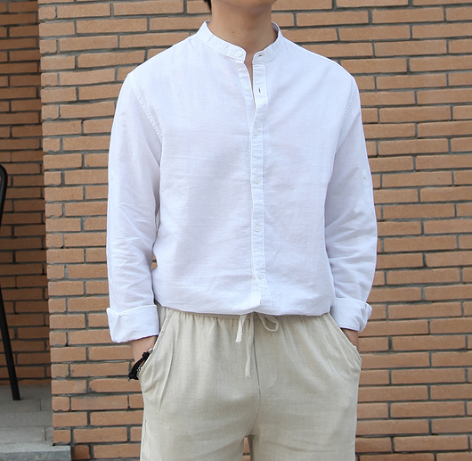 Camisa de Lino Retro con Cuello Mao para Hombre