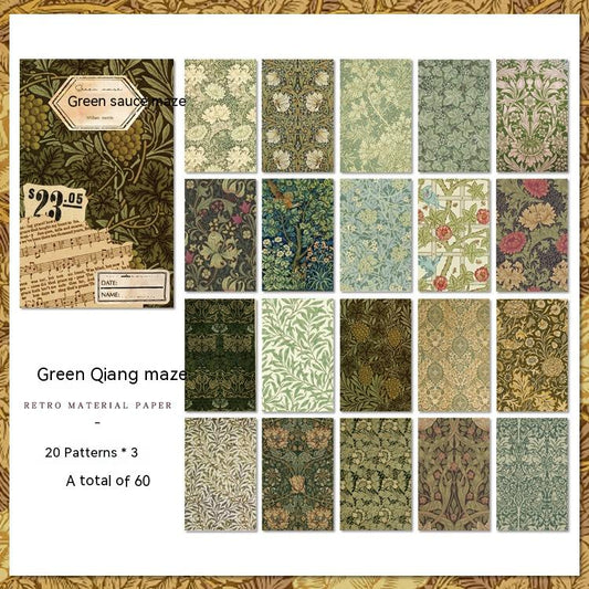 Set of 60 sheets of retro artistic decorative paper with 20 unique floral and botanical patterns in red, maroon, and gold. - Image 2