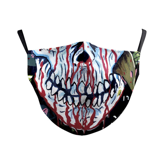 Dark green dust mask with a pattern of white skulls, blue flowers, and pink butterflies, featuring black ear loops. - Image 28