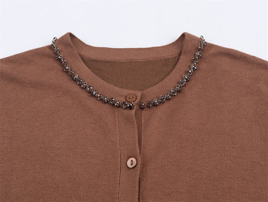 Cardigan Elegante de Cuello Redondo y Manga Larga con Detalles de Joyería - Image 12