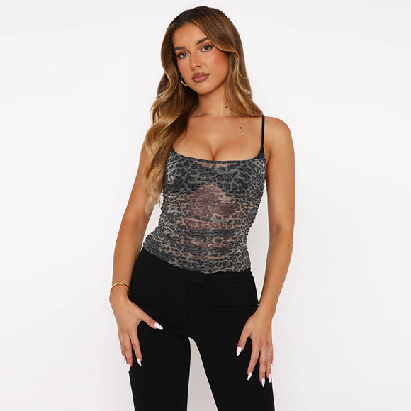 Top Camisola Efecto Dos Piezas Estampado Leopardo con Malla