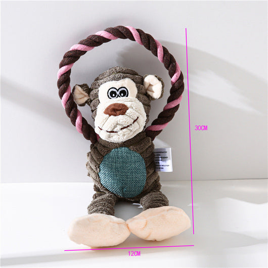Gray plush elephant pet toy with ribbed texture and embroidered eyes, attached to a brown and blue braided rope ring. - Image 3