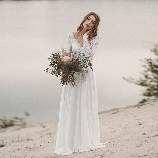 Vestido de Novia Playa Chifón Manga Larga Escote V Espalda Descubierta