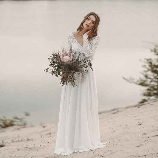 Vestido de Novia Playa Chifón Manga Larga Escote V Espalda Descubierta