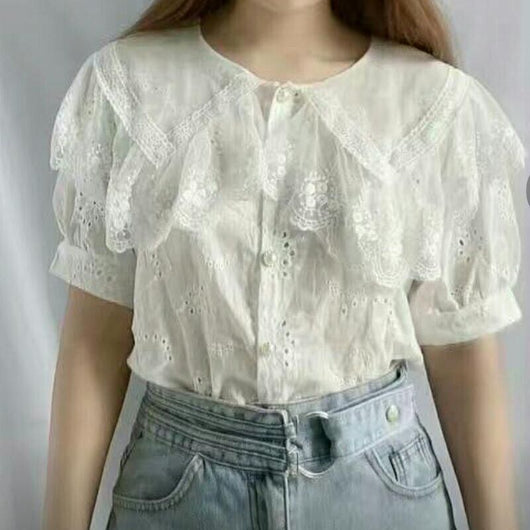 Blusa de Encaje Blanco con Cuello Muñeca y Solapa Grande para Mujer - Image 8