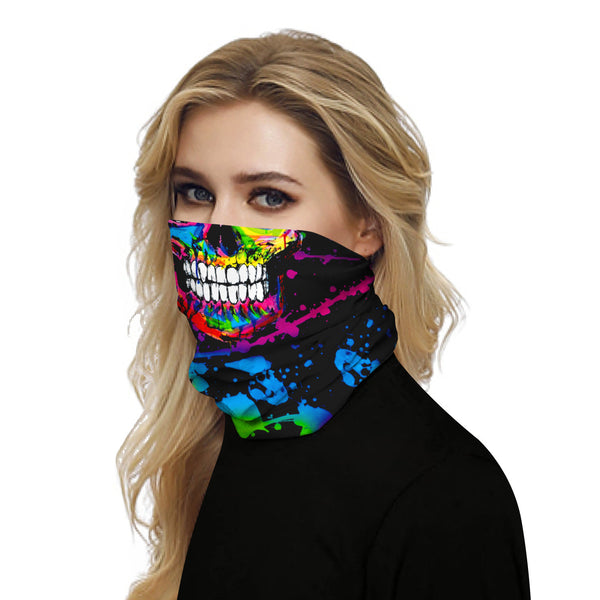 Black and white neck gaiter featuring a detailed skull and spine print, suitable for outdoor sports.