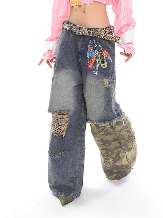 Pantalones Anchos Estilo Militar con Cadena Estampada y Efecto Dos Piezas - Image 3