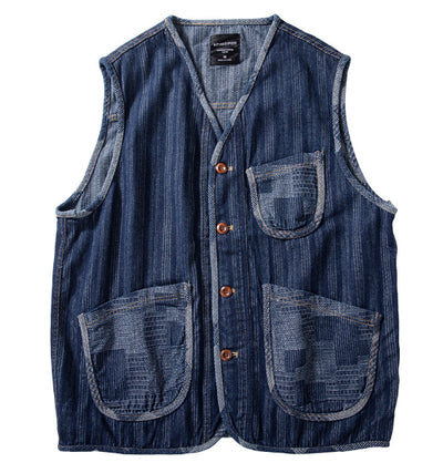 Chaleco Denim Retro Patchwork Color Block Marrón - Image 9