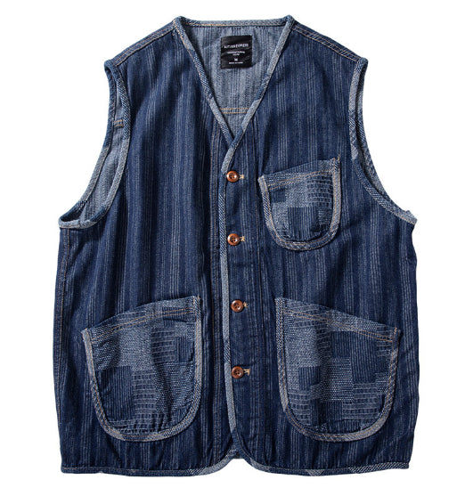 Chaleco Denim Retro Patchwork Color Block Marrón - Image 9