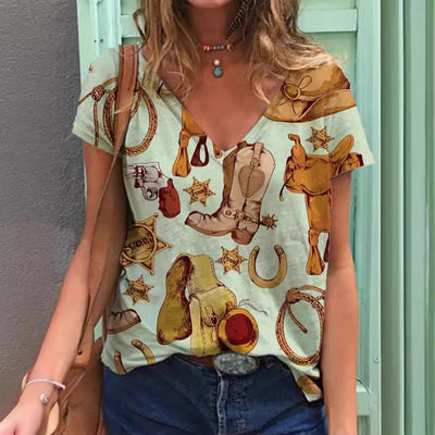 Playera Cuello V Estampado Retro 3D para Mujer