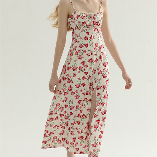 Vestido Vintage Floral Francés con Abertura y Tirantes - Image 8