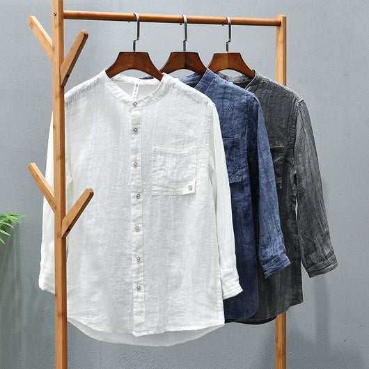 Camisa de Lino Retro con Cuello Mao - Comodidad y Estilo Clásico