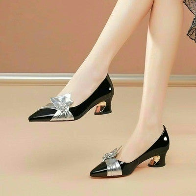 Zapatos de Tacón Medio Puntiagudo con Combinación de Colores para Mujer - Image 11