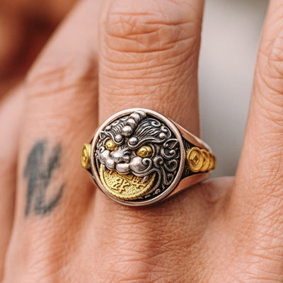 Anillo Pixiu de Plata Esterlina 3D para Hombre Estilo Retro