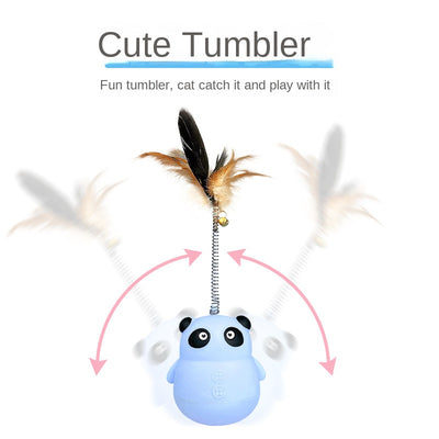 Light blue panda tumbler pet toy with a spring-attached feather and bell, designed to dispense treats. - Image 5