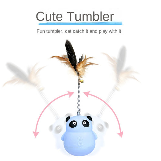 Light blue panda tumbler pet toy with a spring-attached feather and bell, designed to dispense treats. - Image 5