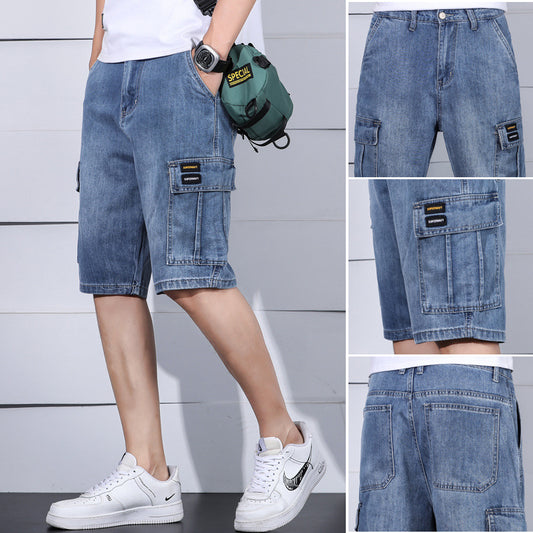 Pantalones Cortos de Mezclilla Funcional con Múltiples Bolsillos para Hombre