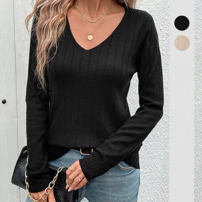 Suéter Negro Mujer Cuello V Rayas Hundidas Estilo Europeo Americano