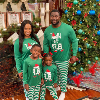 Family of four wearing matching green long-sleeve Christmas pajamas with "ELF" and striped pants. - Image 11