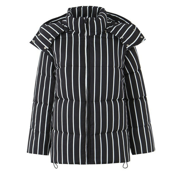 Abrigo de Algodón Negro con Rayas y Capucha para Mujer