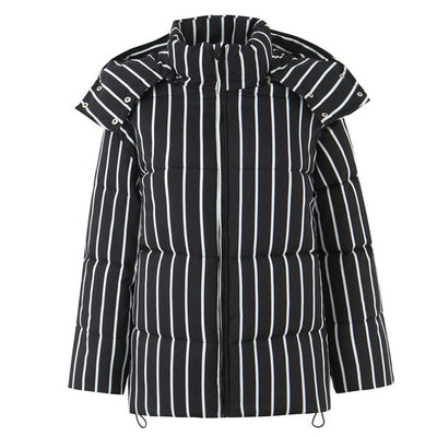 Abrigo de Algodón Negro con Rayas y Capucha para Mujer