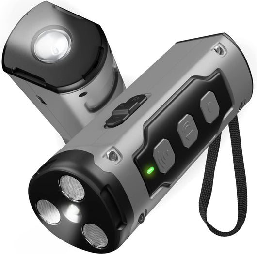 Black handheld ultrasonic dog deterrent device with three sonic emitters and an LED flashlight on a white background. - Image 4