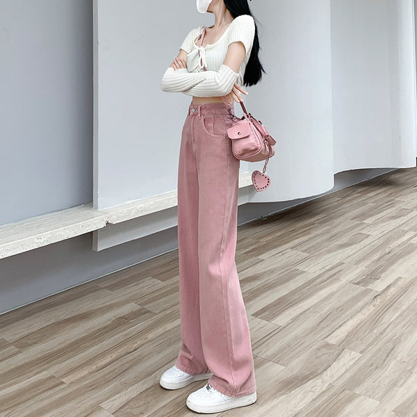 Pantalón Denim Rosa Palo Talle Alto Efecto Esbeltecedor Pierna Ancha Recta