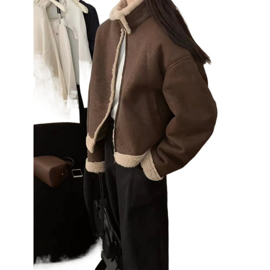 Abrigo Corto Retro con Cuello de Pie para Mujer - Lana de Cordero Invierno - Image 5