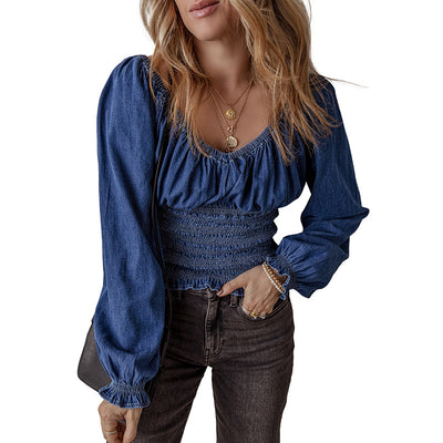 Blusa Denim con Escote en V y Mangas Largas para Mujer - Image 5
