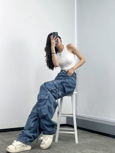 Pantalones Vaqueros Anchos para Mujer con Múltiples Bolsillos - Image 11