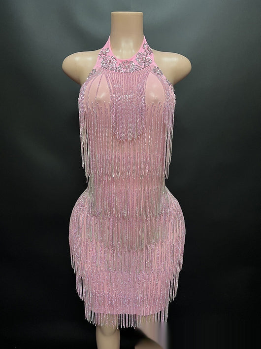 Vestido de Vacaciones Espalda Descubierta con Detalles de Diamantes - Image 5